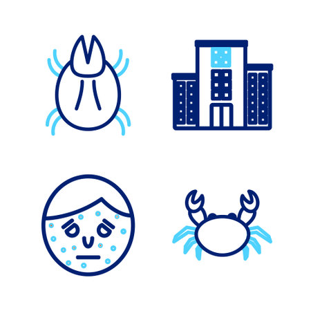 Set line Crab, Face with psoriasis or eczema, Medical hospital building and Parasite mite icon. Vectorのイラスト素材