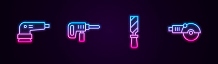 Set line Electric sander, drill machine, Rasp metal file and Angle grinder. Glowing neon icon. Vectorのイラスト素材