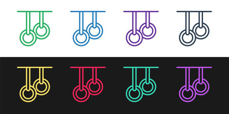 Set line Gymnastic rings icon isolated on black and white background. Playground equipment with hanging rope with rings. Vectorのイラスト素材