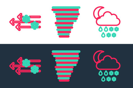 Set line Cloud with snow, rain, moon, Wind and and Tornado icon. Vectorのイラスト素材