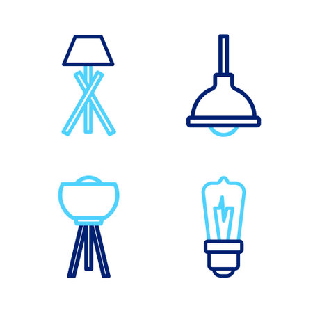 Set line Light bulb, Floor lamp, Lamp hanging and icon. Vectorのイラスト素材