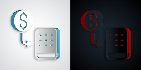 Paper cut Casino chips exchange on stacks of dollars icon isolated on grey and black background. Paper art style. Vectorのイラスト素材