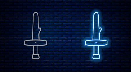 Glowing neon line Dagger icon isolated on brick wall background. Knife icon. Sword with sharp blade. Vectorのイラスト素材