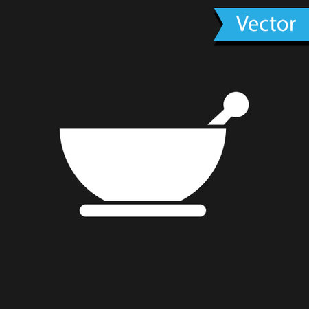 White Mortar and pestle icon isolated on black background. Vector Illustrationのイラスト素材