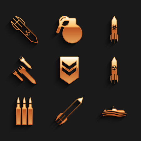 Set Chevron, Rocket, Submarine, Nuclear rocket, Bullet, Biohazard and icon. Vectorのイラスト素材
