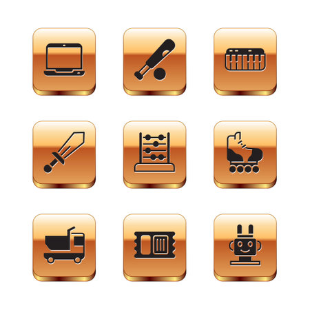 Set Laptop, Toy truck, Circus ticket, Abacus, Sword toy, Music synthesizer, Robot and Baseball bat with ball icon. Vectorのイラスト素材
