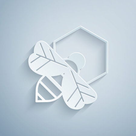 Paper cut Bee and honeycomb icon isolated on grey background. Honey cells. Honeybee or apis with wings symbol. Flying insect. Sweet natural food. Paper art style. Vectorのイラスト素材
