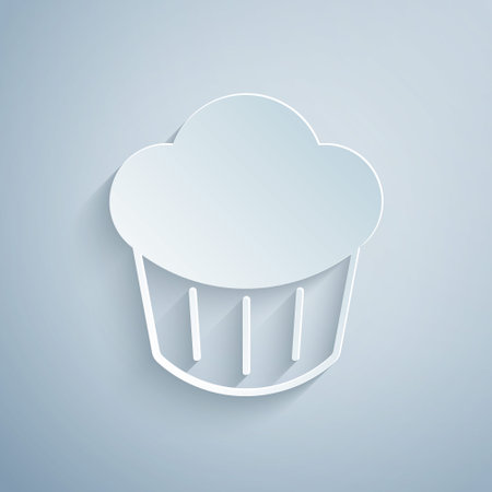 Paper cut Cupcake icon isolated on grey background. Paper art style. Vectorのイラスト素材