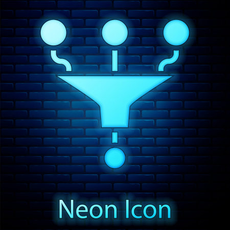 Glowing neon Funnel or filter icon isolated on brick wall background. Vectorのイラスト素材