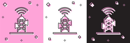 Set Wireless antenna icon isolated on pink and white, black background. Technology and network signal radio antenna. Vectorのイラスト素材