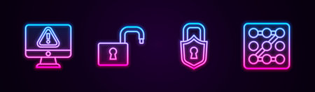 Set line Monitor with exclamation mark, Open padlock, Lock and Graphic password protection. Glowing neon icon. Vectorのイラスト素材