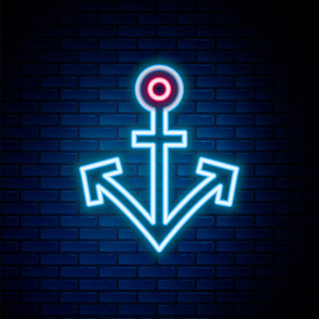 Glowing neon line Anchor icon isolated on brick wall background. Colorful outline concept. Vectorのイラスト素材