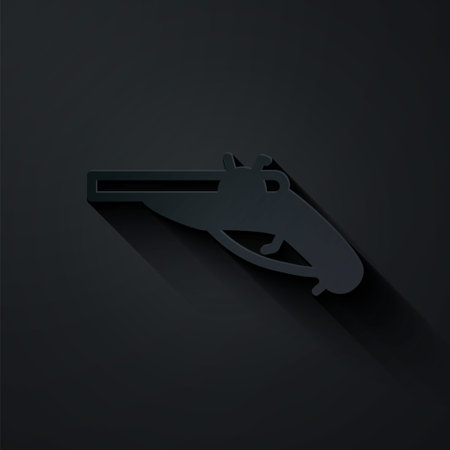Paper cut Vintage pistols icon isolated on black background. Ancient weapon. Paper art style. Vectorのイラスト素材