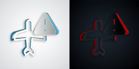Paper cut Warning aircraft icon isolated on grey and black background. Faulty plane. Flying prohibition zone. Plane is forbidden for transportation and travelling. Paper art style. Vectorのイラスト素材