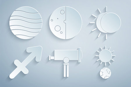 Set Telescope, Eclipse of the sun, Sagittarius zodiac, Solstice, and Planet Jupiter icon. Vectorのイラスト素材