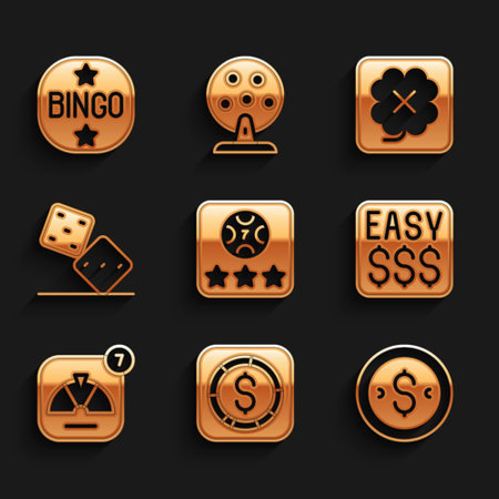 Set Online poker table game, Coin money with dollar, Money prize casino, Lucky wheel, Game dice, Casino slot machine and Bingo icon. Vectorのイラスト素材