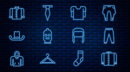 Set line T-shirt, Sport pants, Long sleeve, Balaclava, Man hat, Winter with ear flaps and Tie icon. Vectorのイラスト素材