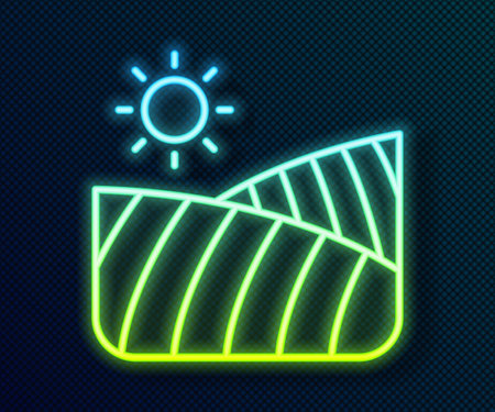 Glowing neon line Agriculture wheat field farm rural nature scene landscape icon isolated on black background. Vectorのイラスト素材