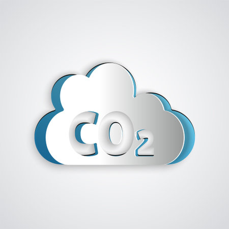 Paper cut CO2 emissions in cloud icon isolated on grey background. Carbon dioxide formula, smog pollution concept, environment concept. Paper art style. Vectorのイラスト素材