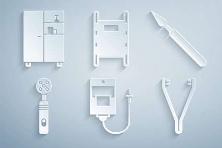 Set IV bag, Medical surgery scalpel, Electric toothbrush, tweezers, Stretcher and Medicine cabinet icon. Vectorのイラスト素材