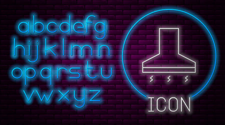 Glowing neon line Kitchen extractor fan icon isolated on brick wall background. Cooker hood. Kitchen exhaust. Household appliance. Neon light alphabet. Vector Illustrationのイラスト素材