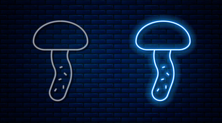 Glowing neon line Mushroom icon isolated on brick wall background. Vectorのイラスト素材