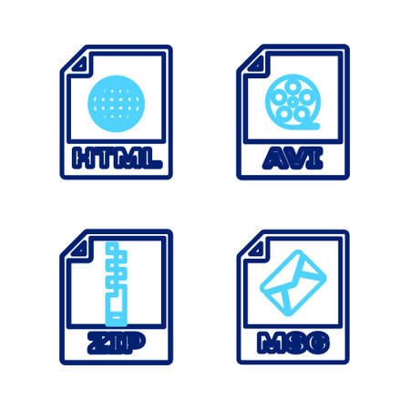 Set line MSG file document, ZIP, AVI and HTML icon. Vectorのイラスト素材