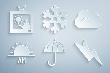 Set Umbrella, Cloud, Sunrise, Lightning bolt, Snowflake and Weather forecast icon. Vectorのイラスト素材