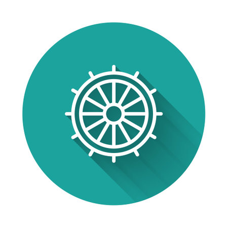 White line Ship steering wheel icon isolated with long shadow background. Green circle button. Vectorのイラスト素材