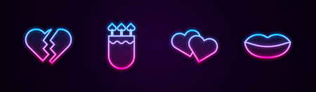 Set line Broken heart, Quiver and arrows with, Heart and Smiling lips. Glowing neon icon. Vectorのイラスト素材