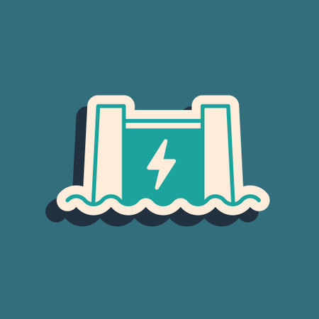 Green Hydroelectric dam icon isolated on green background. Water energy plant. Hydropower. Hydroelectricity. Long shadow style. Vector.のイラスト素材