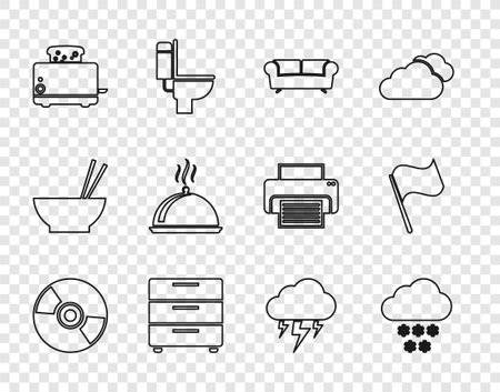 Set line CD or DVD disk Cloud with snow Sofa Furniture nightstand Toaster toasts Covered tray food Storm and Flag icon. Vector.のイラスト素材