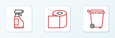 Set line Trash can Spray bottle with detergent liquid and Toilet paper roll icon. Vector.のイラスト素材