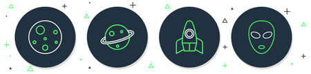 Set line Planet Saturn Rocket ship Mars and Alien icon. Vector.のイラスト素材