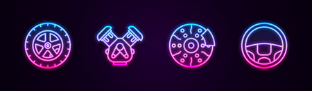Set line Car wheel, engine, brake disk with caliper and Steering. Glowing neon icon. Vector.のイラスト素材