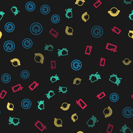 Set line Power button, Smart home, Thermostat and Mobile charging battery on seamless pattern. Vector.のイラスト素材