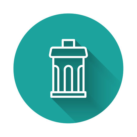 White line Trash can icon isolated with long shadow background. Garbage bin sign. Recycle basket icon. Office trash icon. Green circle button. Vector.のイラスト素材