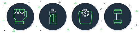 Set line Fitness shaker Bathroom scales MMA glove and Dumbbell icon. Vector.のイラスト素材