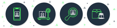 Set line Scale with cardboard box Search package Mobile app tracking and Cargo ship boxes icon. Vector.のイラスト素材