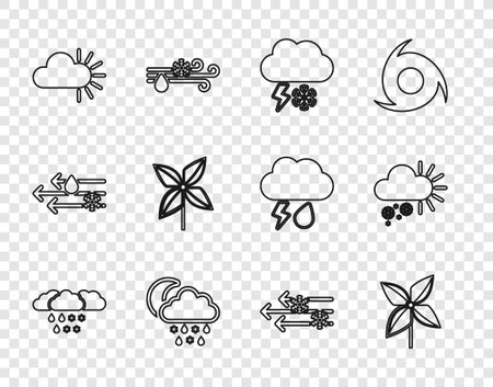 Set line Cloud with snow and rain Pinwheel lightning snow moon Cloudy Wind and icon. Vector.のイラスト素材