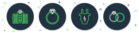 Set line Diamond engagement ring Electric plug Medical hospital building and Wedding rings icon. Vector.のイラスト素材