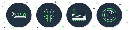 Set line Christian cross Pan flute Indian shoes and Yin Yang icon. Vector.のイラスト素材