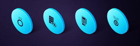 Set Isometric Dollar plant, POS terminal with credit card, House percant discount and Diamond engagement ring icon. Vector.のイラスト素材