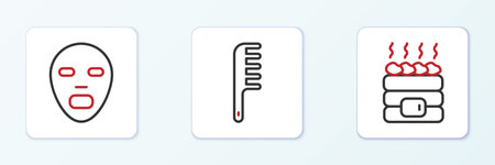 Set line Hot sauna stones Facial cosmetic mask and Hairbrush icon. Vector.のイラスト素材