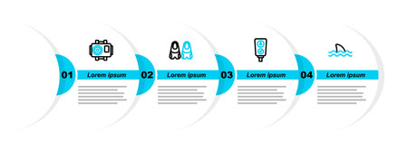 Set line Shark Gauge scale Flippers for swimming and Photo camera diver icon. Vector.のイラスト素材