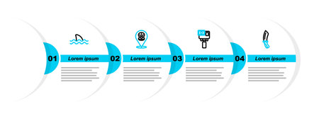 Set line Diving knife Action extreme camera Scallop sea shell and Shark icon. Vector.のイラスト素材