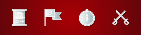 Set Decree, parchment, scroll, Pirate flag with skull, Compass and Crossed pirate swords icon. Vector.のイラスト素材