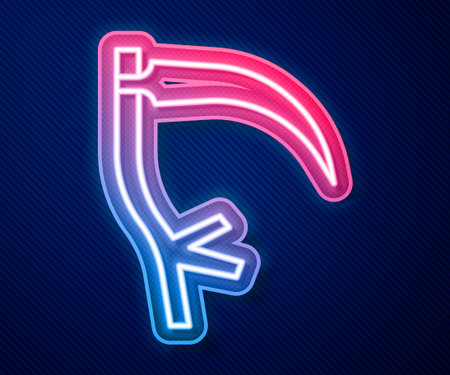 Glowing neon line Scythe icon isolated on blue background. Happy Halloween party. Vector.のイラスト素材