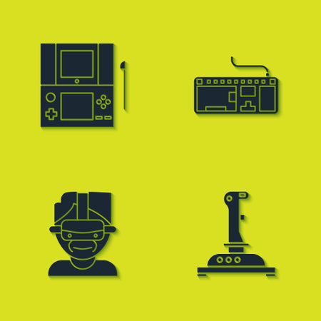 Set Portable video game console, Joystick for arcade machine, Virtual reality glasses and Computer keyboard icon. Vector.のイラスト素材