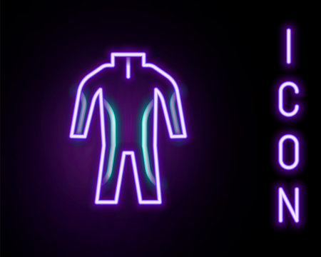 Glowing neon line Wetsuit for scuba diving icon isolated on black background. Diving underwater equipment. Colorful outline concept. Vector.のイラスト素材